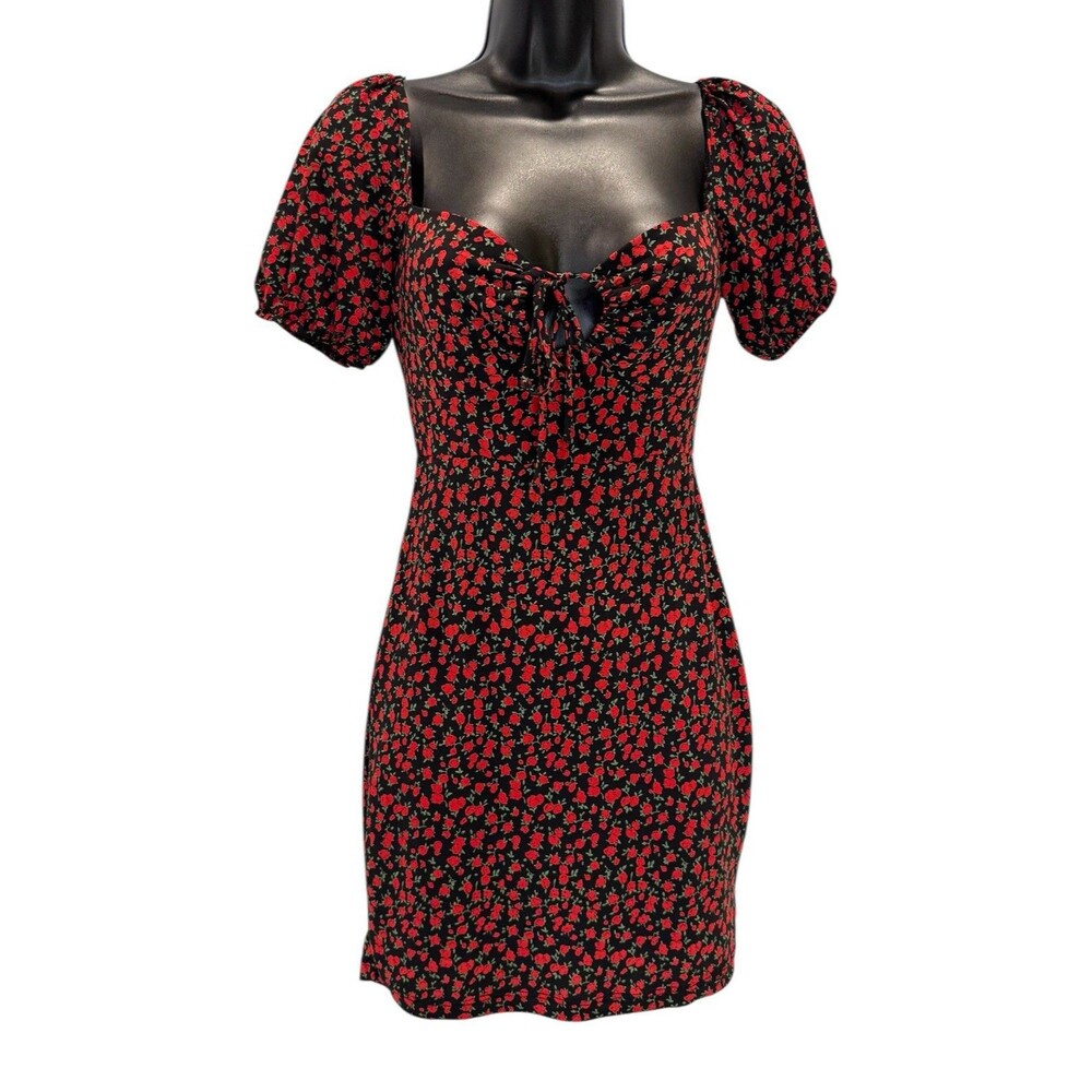 Women’s Red & Black Ditsy Floral Mini Dress Size S Sweetheart Neck Puff Sleeve